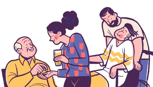 Ilustración decorativa que muestra personas cuidadoras y personas que necesitan cuidados